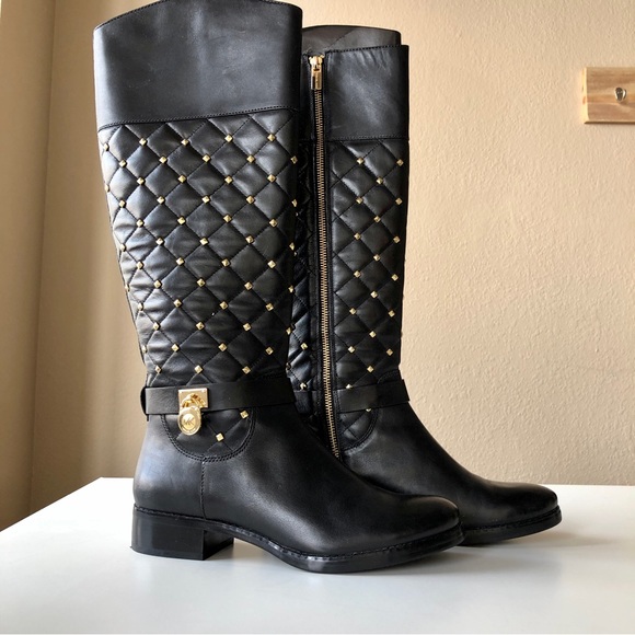 LE like new MK Michael Kors Hamilton gold stud quilted leather riding boots - Picture 3 of 5